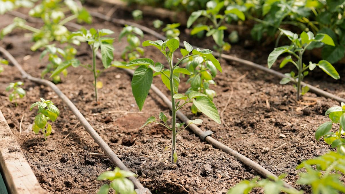 Drip irrigation lines watering young vegetable seedlings in dark soil